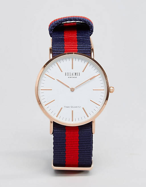 Reclaimed Vintage Inspired Canvas Stripe Watch In Navy/Red Exclusive to ASOS