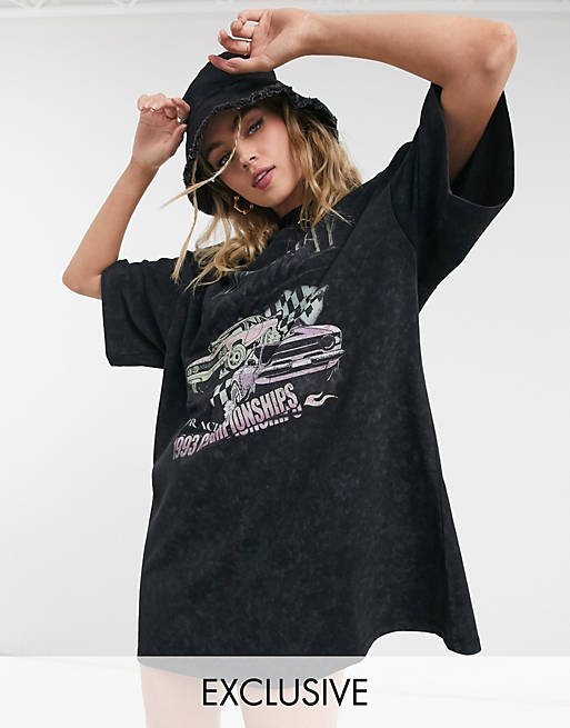 Reclaimed Vintage inspired car print T-shirt dress in washed black