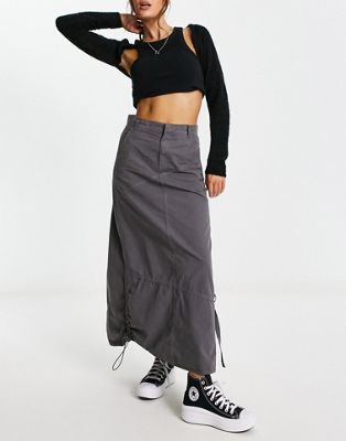 Reclaimed Vintage inspired cargo skirt with ruching and frill in charcoal
