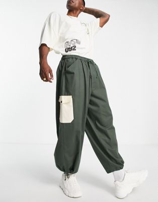 Reclaimed Vintage inspired cargo trouser in khaki with contrast pocket