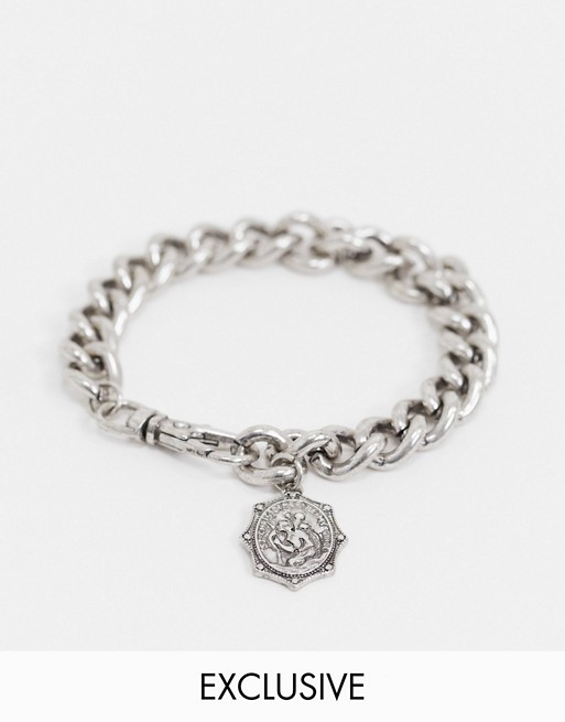 Reclaimed Vintage inspired chain bracelet with roman medallion in silver