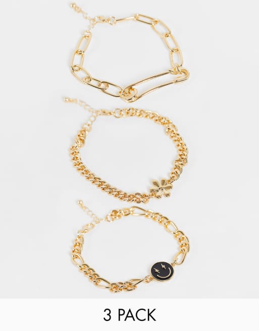 Reclaimed vintage inspired chain bracelets with happy face and flower charms in gold 3 pack