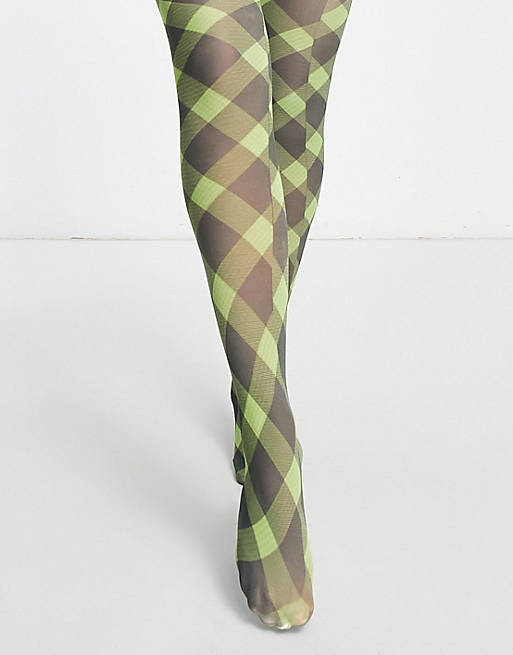 Reclaimed Vintage inspired check print tights in green