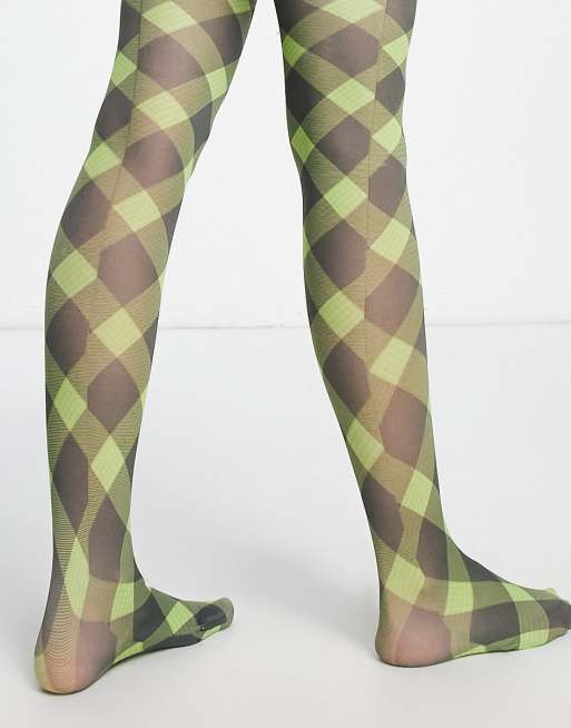 Reclaimed Vintage inspired check print tights in green | ASOS