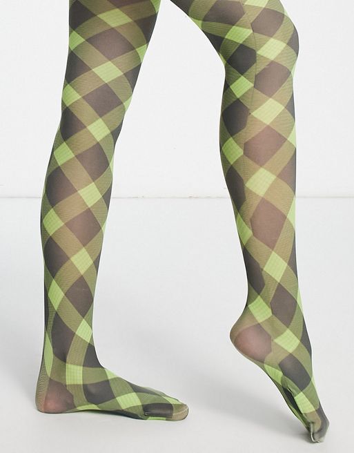 Reclaimed Vintage inspired check print tights in green