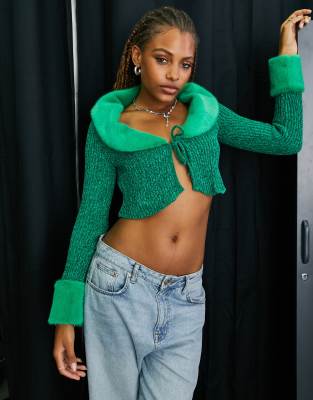 Inspired chenille cardigan with faux fur trim in green