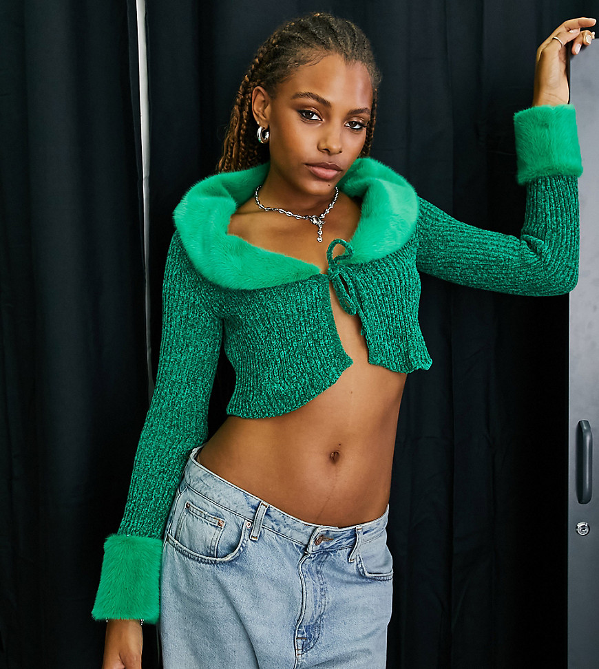 Inspired chenille cardigan with faux fur trim in green