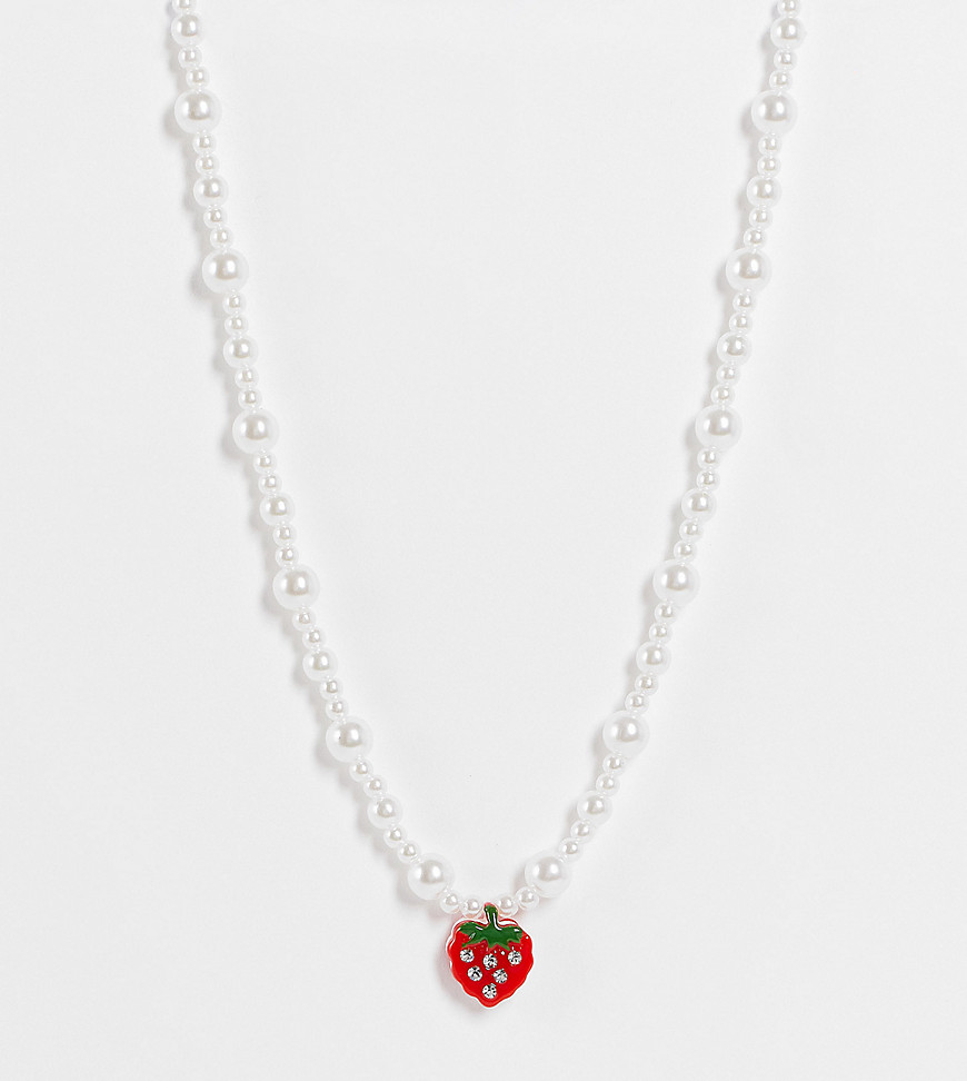 Reclaimed Vintage inspired choker necklace with strawberry pendant in faux pearl-Multi