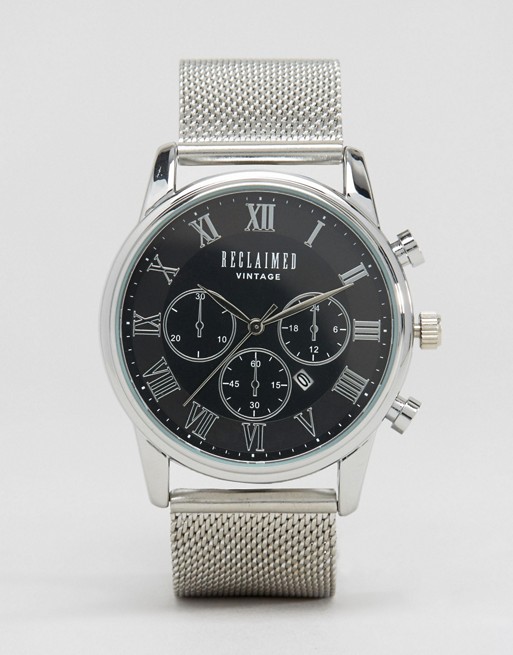 Reclaimed Vintage Inspired chronograph mesh strap watch in silver exclusive to ASOS