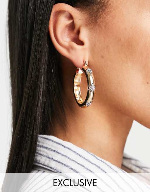 Reclaimed vintage inspired chunky hoop earrings with crystal stars in gold