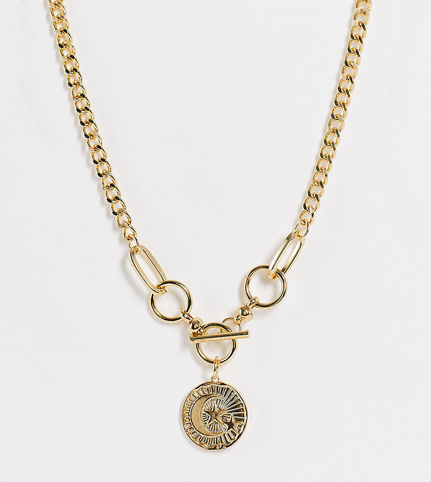 Reclaimed Vintage inspired chunky necklace with moon and star circle pendant and t bar in gold