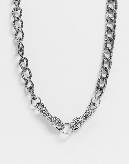 Reclaimed Vintage inspired chunky necklace with snake heads in silver
