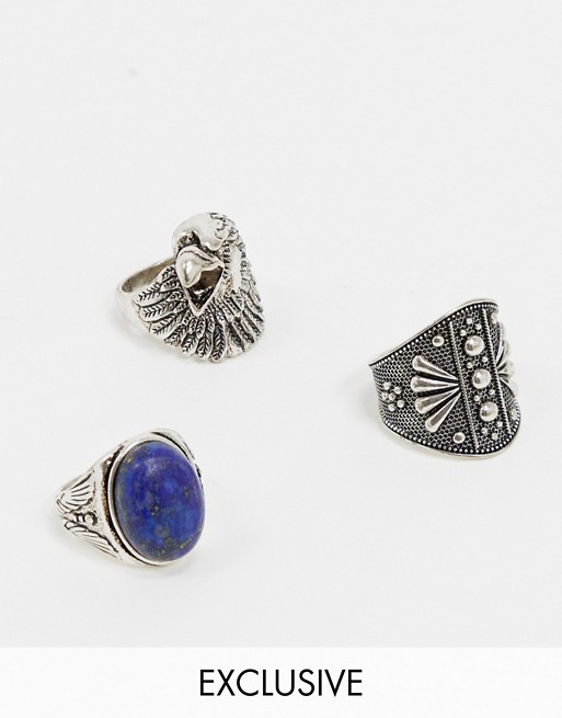 Reclaimed Vintage Inspired chunky ring pack with eagle and stone in burnished silver