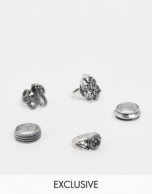Reclaimed Vintage Inspired chunky ring pack with snake and skulls