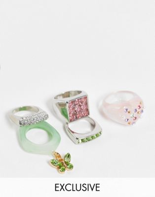 Reclaimed vintage inspired chunky rings in pastel resin and crystals 5 pack