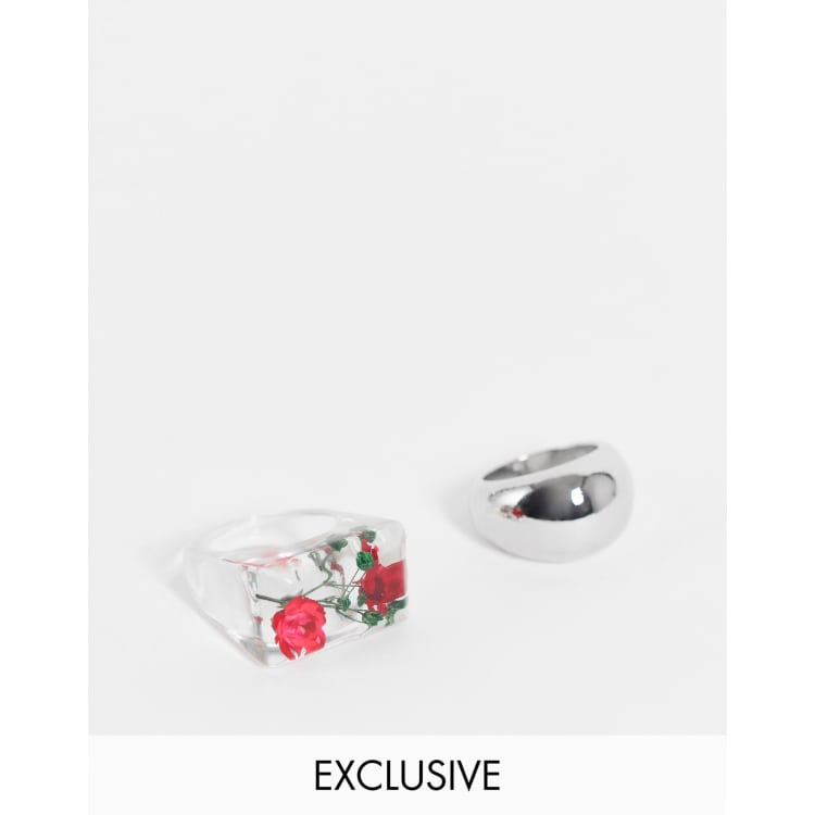 Reclaimed Vintage inspired chunky rings with rose insert in clear