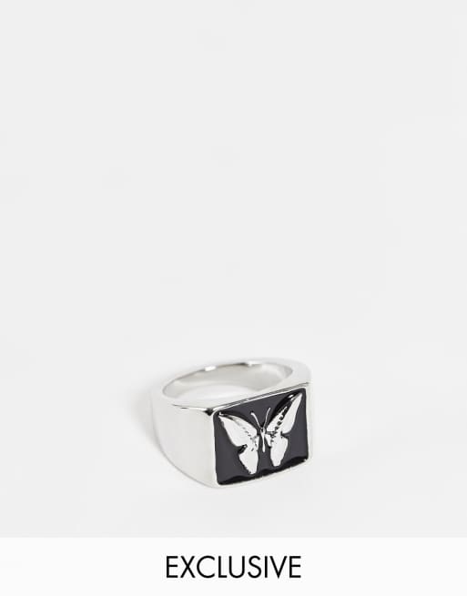 Reclaimed Vintage inspired chunky signet ring with enamel butterly in silver
