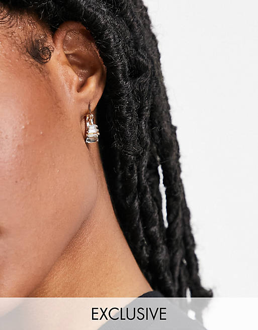 Reclaimed Vintage inspired clear crystal huggie earrings in gold