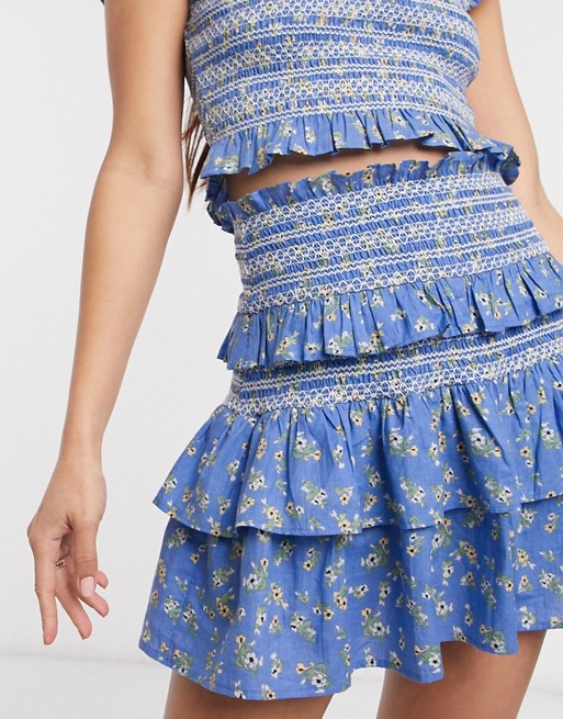 Reclaimed Vintage inspired co-ord skirt with shirring in blue ditsy print