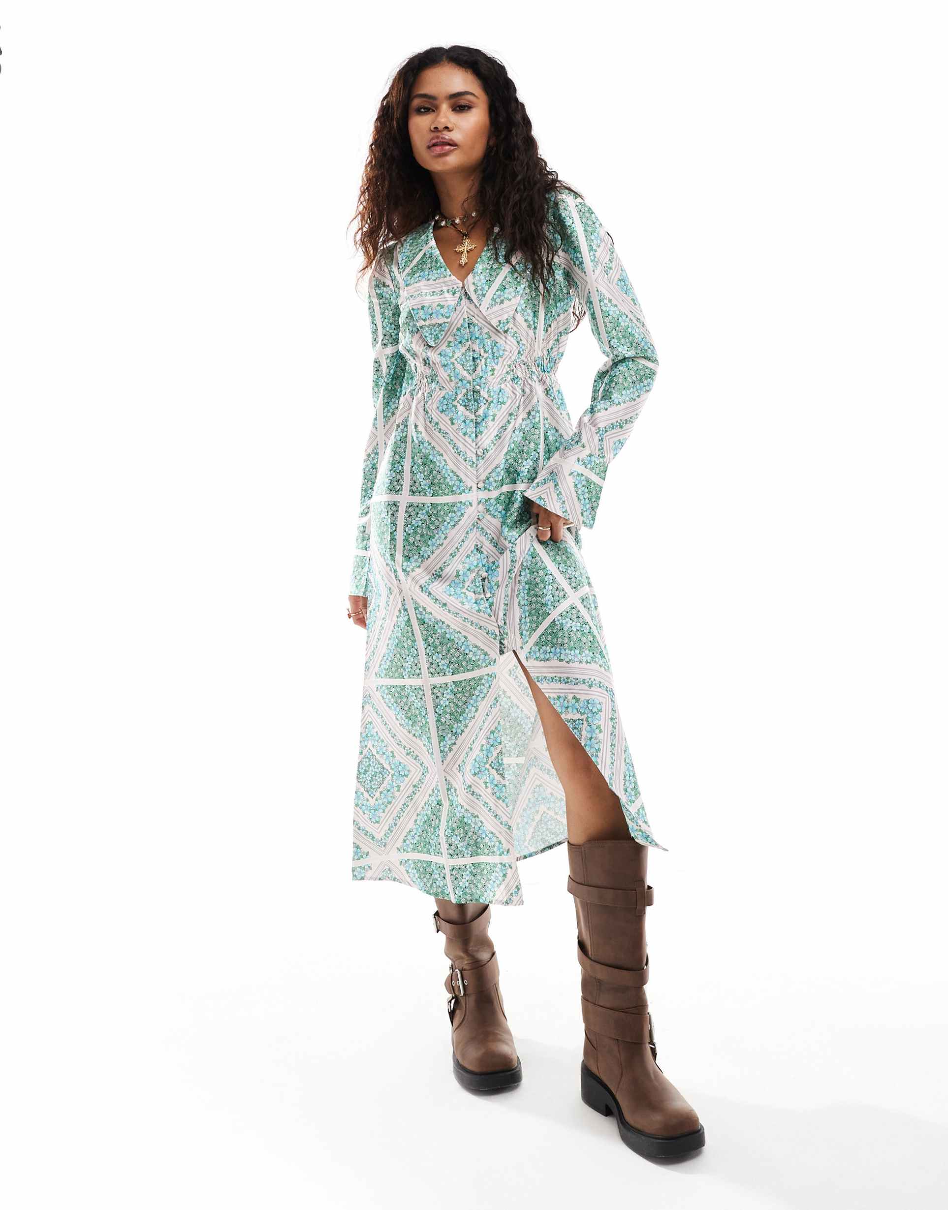 reclaimed vintage inspired collar midi tea dress
