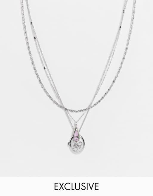 Reclaimed Vintage Inspired - Collier unisexe multi-rangs avec perle fantaisie et breloque serpent cosmique - Argenté