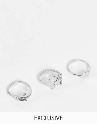 Reclaimed vintage inspired unisex dolphin and butterfly rings in silver 3 pack - ASOS Price Checker