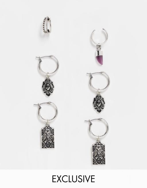 Reclaimed Vintage Inspired - Confezione da 3 paia di orecchini a cerchio con ciondoli misti color argento