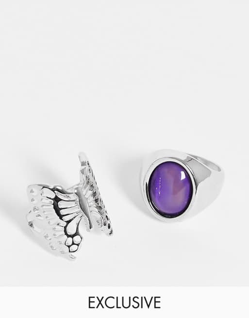 Reclaimed Vintage Inspired - Confezione da due anelli unisex argento con pietra dell'umore e farfalla