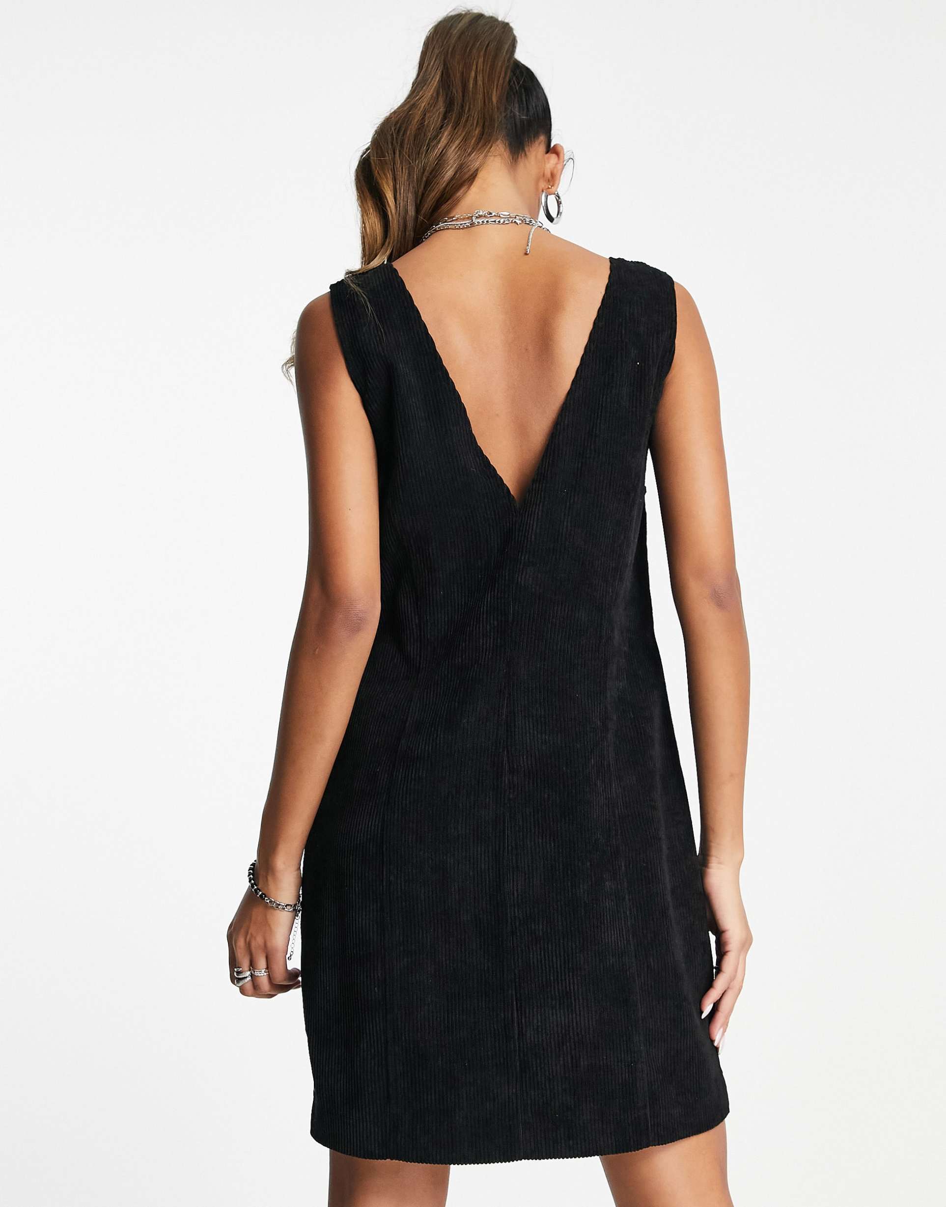 Reclaimed Vintage inspired cord pinny dress in black view 4
