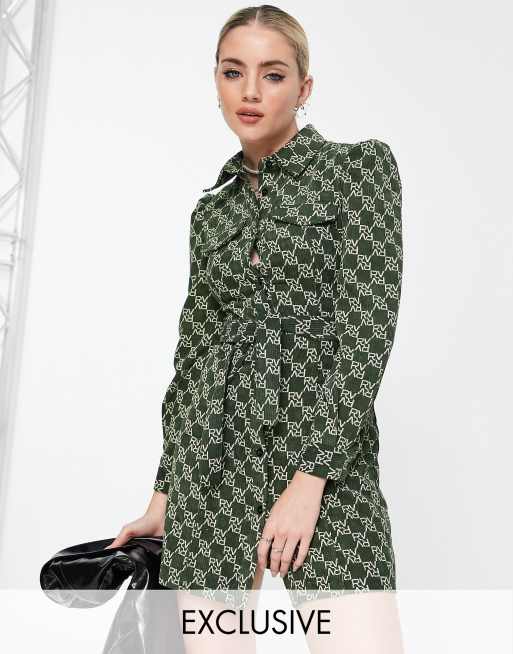 Reclaimed Vintage inspired cord shirt dress in green logo print