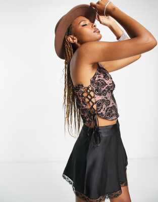 Reclaimed Vintage inspired corset top in paisley in brown