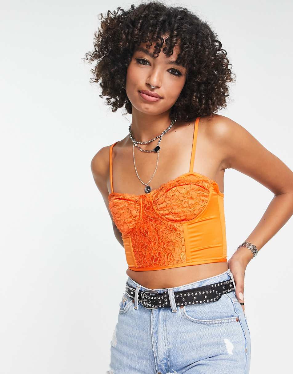 Reclaimed Vintage inspired corset top with lace detail in orange