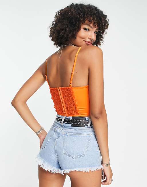 Reclaimed Vintage inspired corset top with lace detail in orange