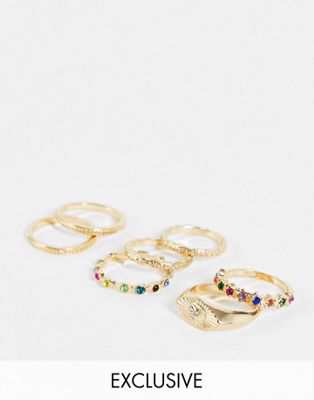 Reclaimed Vintage inspired cosmic rings with multicoloured stones in gold 7 pack