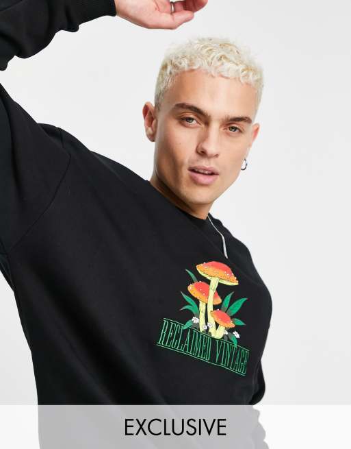 Reclaimed Vintage inspired cotton sweatshirt with mushroom front print in black BLACK