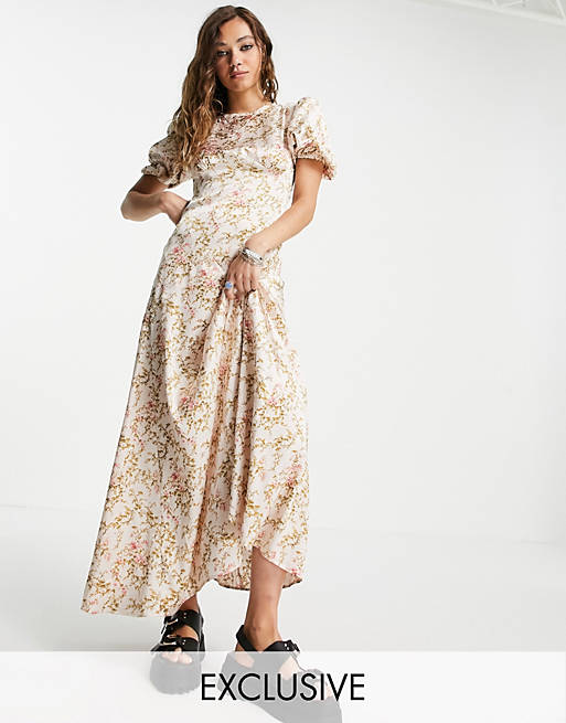 Reclaimed Vintage inspired couture maxi dress in pink floral print with sequin embellishment 