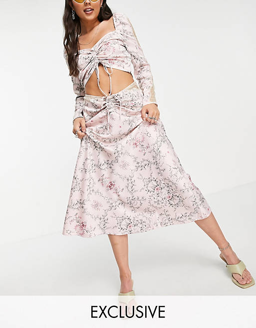 Reclaimed Vintage inspired couture satin midi skirt co ord in pink floral print with lace inserts and ruched detail