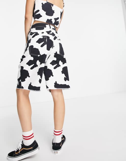 Cow print denim shorts on sale