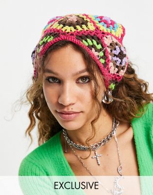 Reclaimed Vintage inspired crochet headscarf in bright pink