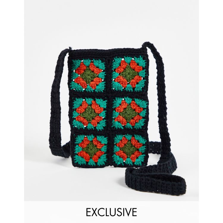 Reclaimed Vintage inspired crochet phone pouch in black and orange