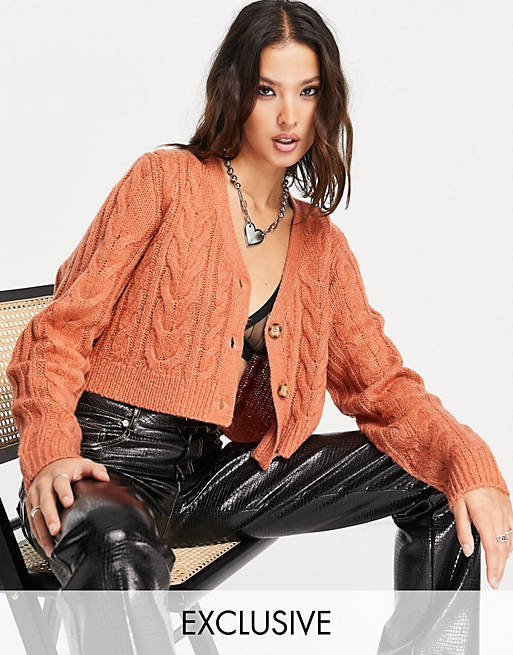 Women Reclaimed Vintage inspired crop cable cardigan in rust 