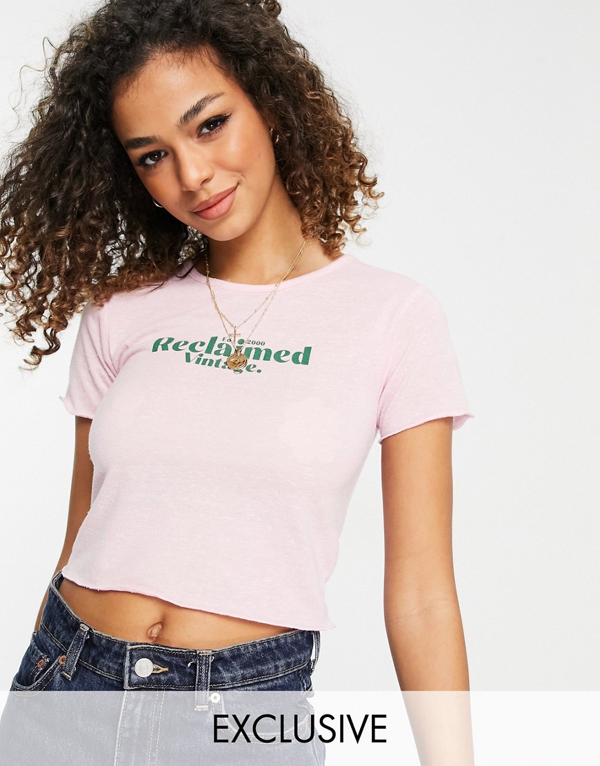Reclaimed Vintage inspired crop fitted t-shirt in pink with with lettuce hem
