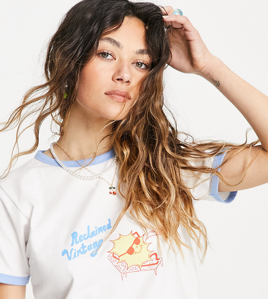 Reclaimed Vintage Inspired crop fitted t-shirt with sun print in white-Pink