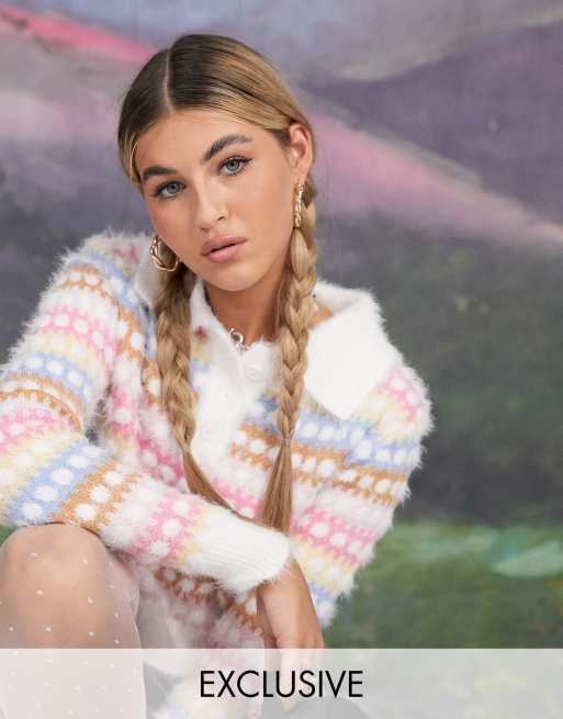 Reclaimed Vintage inspired crop fluffy polo jumper in bright stripes