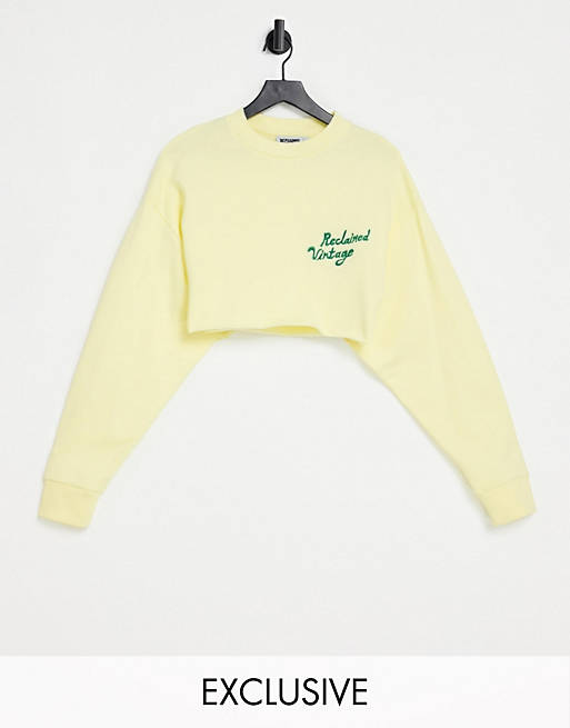 Women Reclaimed Vintage inspired crop sweat with logo in yellow 