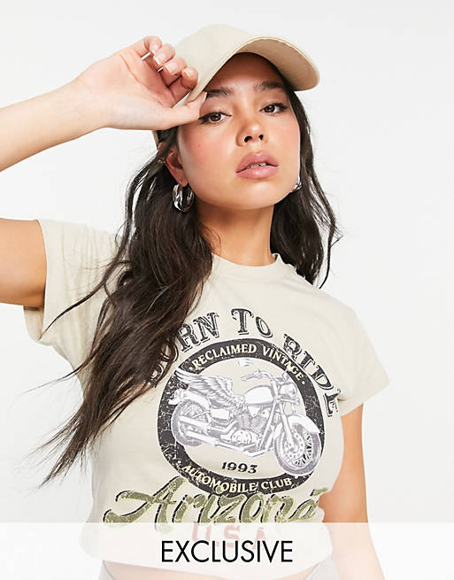 Reclaimed Vintage inspired crop t-shirt with born to ride logo in mocha