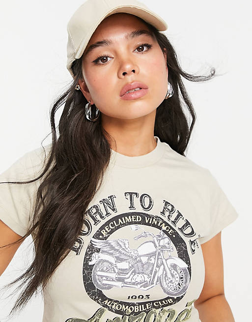  Reclaimed Vintage inspired crop t-shirt with born to ride logo in mocha 