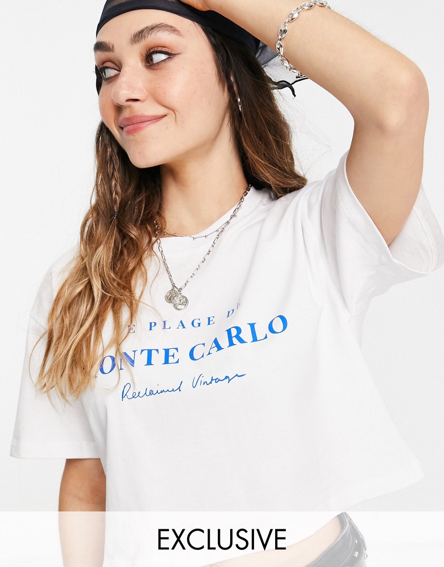 Reclaimed Vintage Inspired crop t-shirt with monte carlo slogan in white