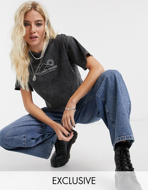 Reclaimed Vintage inspired crop t-shirt with scenic logo print in washed black