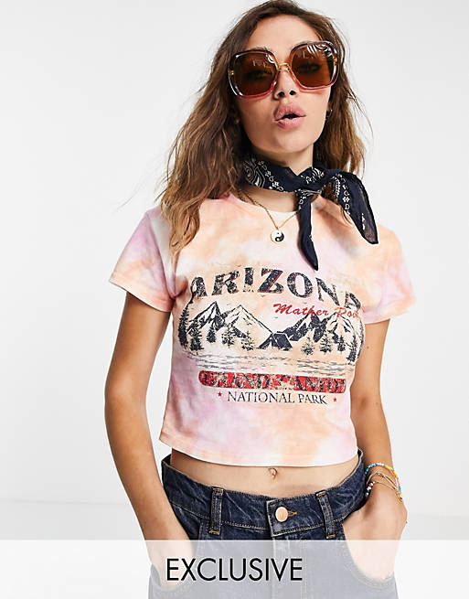 Reclaimed Vintage inspired crop tie dye t-shirt with Arizona scene print